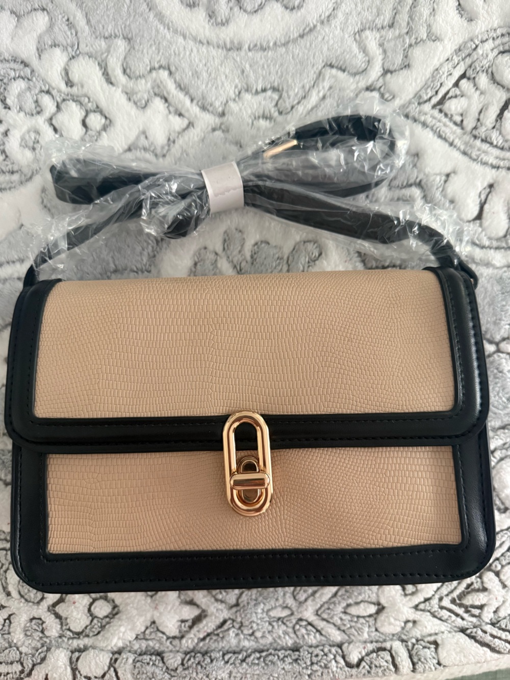 Jules Kae Beige and Black Crossbody Bag with Gold Hardware
